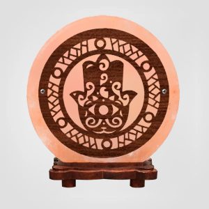 Himalayan Rock Salt Lamp – Fatima’s Hand Motif Wooden Design (8" x 3")