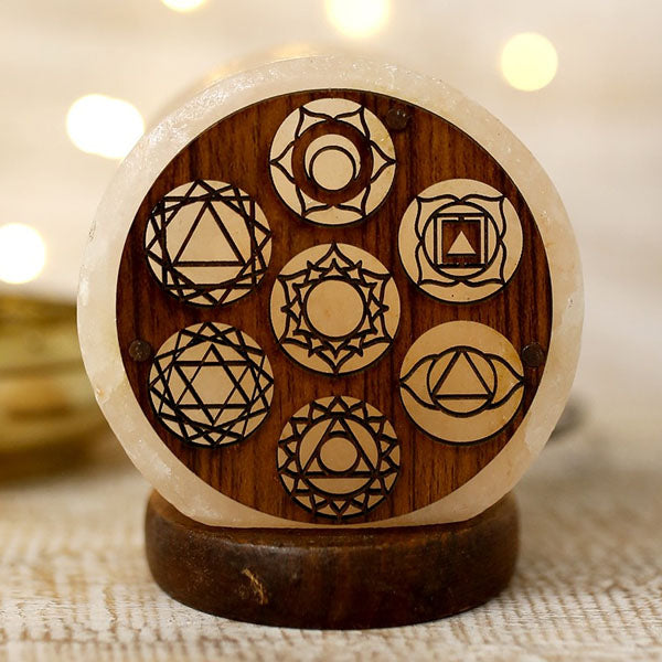 Himalayan Rock Salt Lamp – Round Wooden Chakra Design