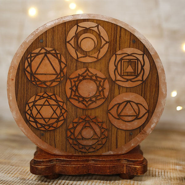 Himalayan Rock Salt Lamp – Round Wooden Chakra Design
