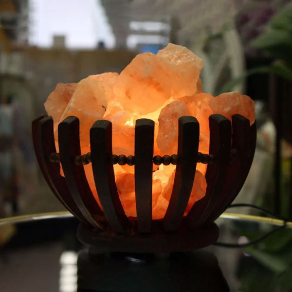 Wooden Basket Fire Bowl Himalayan Salt Lamp – with Natural Salt Chunks