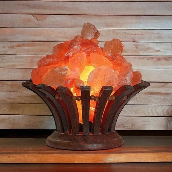 Wooden Basket Flower Fire Bowl Himalayan Salt Lamp – with Natural Salt Chunks