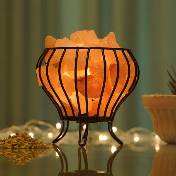 Wrought Iron Basket 3 Ring Shape Himalayan Salt Lamp – with Natural Salt Chunks