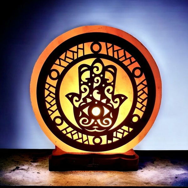 Himalayan Rock Salt Lamp – Fatima’s Hand Motif Wooden Design (8" x 3")
